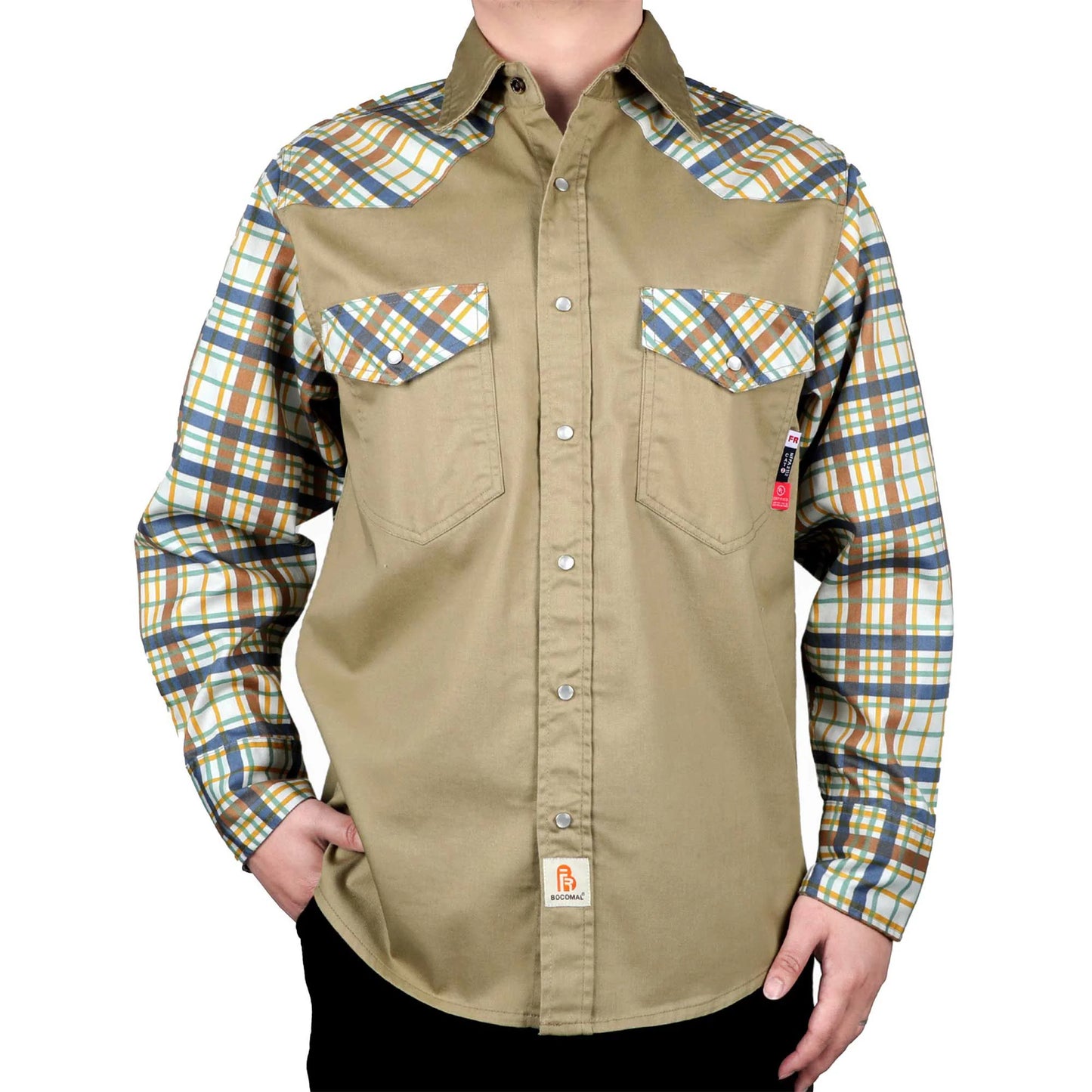 Bocomal Plaid Pearl Snap Long Sleeve